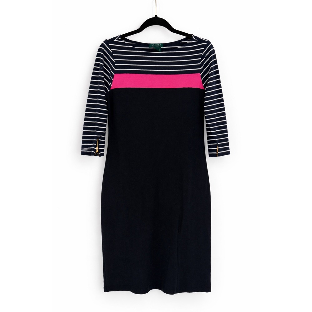 Lauren Ralph‎ Lauren Sheath Dress Women XL Black Striped Pink Nautical Preppy